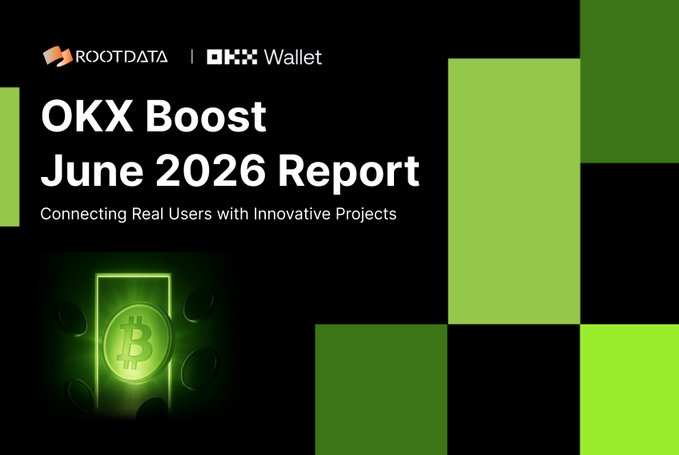 The image is a cover graphic for the "OKX Boost June 2026 Report," featuring RootData and OKX Wallet logos, a tagline reading "Connecting Real Users with Innovative Projects," and a glowing Bitcoin symbol on a dark background with green geometric accents. It visually introduces the accompanying post's highlights of $4.77 million in distributed incentives and 80% of projects ranking in RootData's top 15% by transparency.