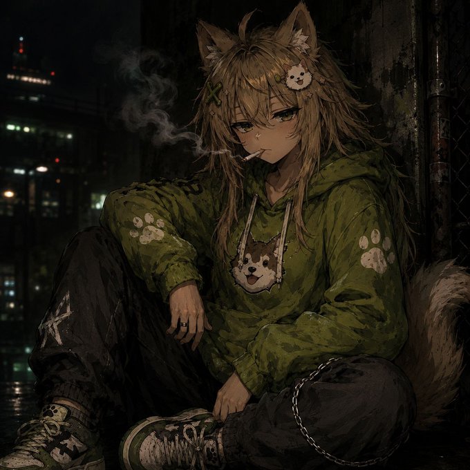 Anime-style illustration of a character with fox ears and a tail, wearing a green hoodie with paw print designs and smoking a cigarette in a dark urban setting.
