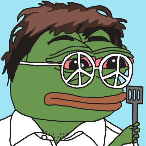 The image shows the "Wojak Pepe" meme—a green-faced cartoon character with brown hair, droopy eyes, and peace-sign sunglasses—holding a spatula, looking tired and disengaged while wearing a white collared shirt. The weary, "just trying to survive the day" expression perfectly mirrors the post's sentiment of staying awake through a market downturn ("looking red") to catch a potential rally ("cook").