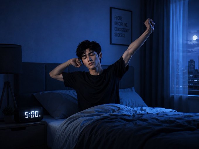 A young man stretches in bed as his alarm reads "5:00," framed by a wall poster declaring "FOCUS, DISCIPLINE, CONSISTENCY, SUCCESS." The image perfectly captures the post's message of rising early to chase dreams another week, embodying the discipline and motivation needed for a determined GM mindset.