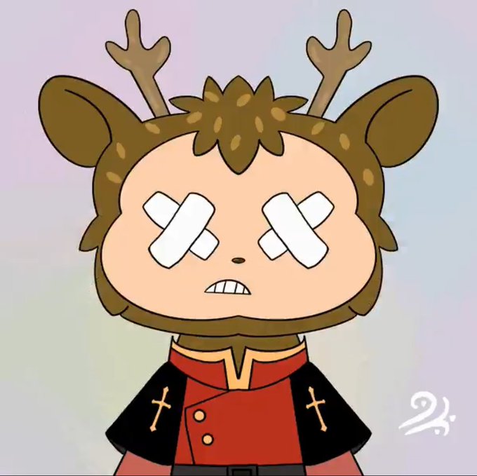 A cartoon-style illustration of a character with deer antlers and "X" marks over their eyes, wearing a red and black outfit with cross emblems.