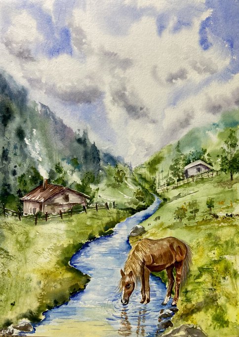 A watercolor painting of a brown horse drinking from a winding blue stream in a green alpine valley, with wooden cabins and cloudy skies in the background.