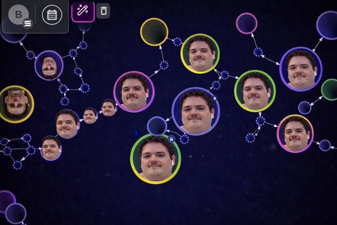 A meme image showing multiple floating heads/portraits of a man interconnected by arrows and lines against a dark starry background, illustrating the caption's narrative about how the coin's community/network grew and attributed leadership to @jackduval despite him not developing the project.