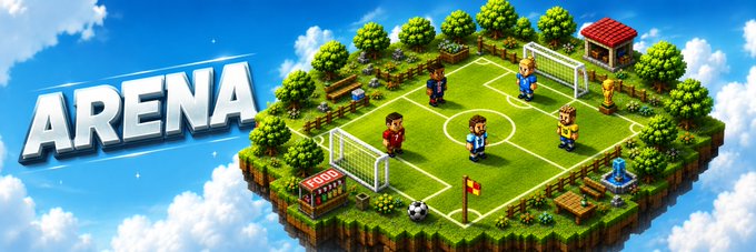 The image features a poster or banner advertising a game called " Arena" with a soccer field at its center, surrounded by trees and other elements typical of an outdoor setting. The text on the poster reads "We've been working nonstop on Arena today, inspired by PumpFun's post earlier, we pushed things further and built a real play-to-earn clicker game powered by PumpFun creator rewards." This suggests that the game is designed to be both fun and rewarding for players who actively engage in it.