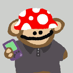 A pixel art image of a monkey wearing a red and white mushroom cap, holding a purple phone.