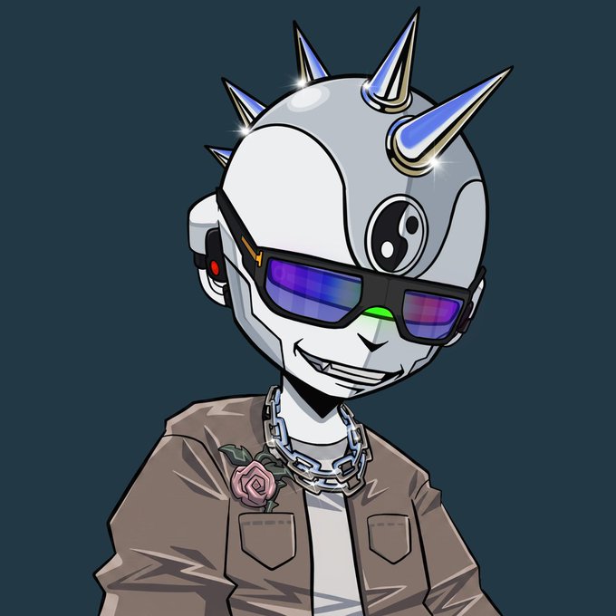 A digital illustration of a robotic character with a metallic head featuring spikes, wearing sunglasses with purple lenses, a chain necklace, and a brown jacket with a rose pin.