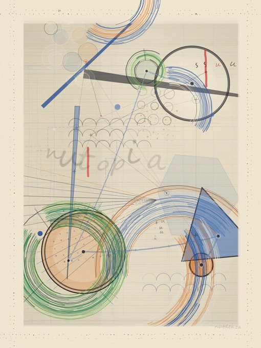 An abstract mixed-media artwork with geometric shapes, circles, and scattered text on a textured background, featuring colorful blue, orange, and green elements.