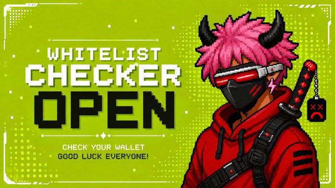 A vibrant green promotional banner featuring a cyberpunk-style character with pink hair, demon horns, red visor, and a katana announces "WHITELIST CHECKER OPEN" alongside the message "CHECK YOUR WALLET GOOD LUCK EVERYONE!", directly supporting the launch of the HoodPIX whitelist verification tool at hoodpix.xyz/checker.