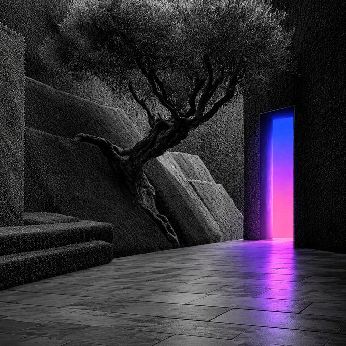 A surreal monochromatic scene shows a gnarled tree growing from textured stone steps in a dark, enclosed space, with a glowing doorway emitting vibrant blue and magenta light on the right side.