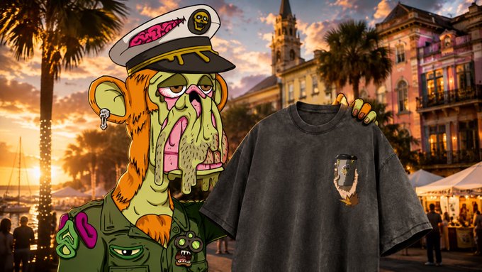 An illustrated cartoon character wearing a BAPE hat and camo jacket stands beside a black t-shirt featuring a similar character design, set against a sunset backdrop of palm trees and a Mediterranean-style building.