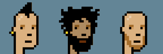 Three pixel-art faces on a blue background: a person with short dark hair, a person with curly dark hair and a beard, and a person with short light hair and a beard.