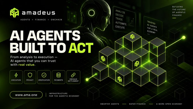 A dark green promotional banner for 'amadeus' featuring the tagline 'AI AGENTS BUILT TO ACT' with subtext 'From analysis to execution — AI agents that you can trust with real value,' highlighting features like Execution, Privacy, Verification, Payments, and Onchain Settlement, with the URL www.ama.one.