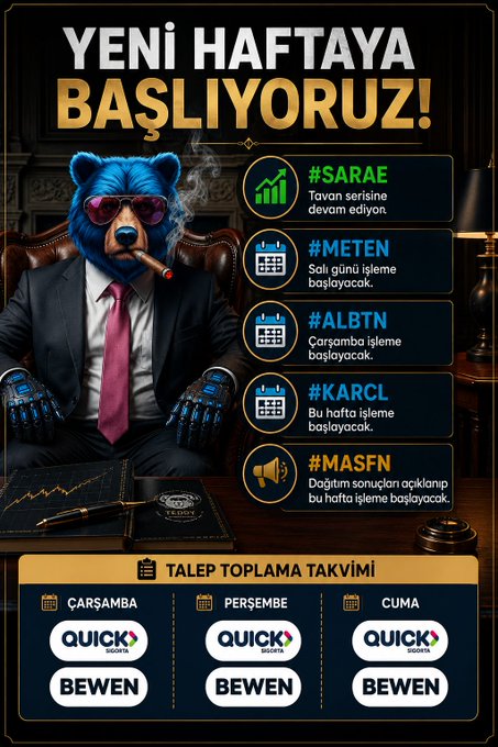 This image announces "New Week We're Starting!" and lists trading updates for #SARAE, #METEN starting Tuesday, #ALBTN starting Wednesday, and #KARCL. Below, it shows a "Demand Collection Calendar" for QUICK Sigorta and BEWEN on Wednesday, Thursday, and Friday.