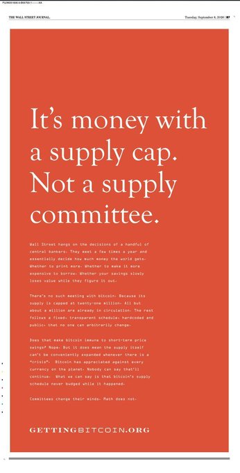 A full-page advertisement from "gettingbitcoin.org" appears in the Wall Street Journal on Tuesday, September 8, 2020, featuring bold white text on a red background declaring "It's money with a supply cap. Not a supply committee." The ad argues that Bitcoin's fixed supply cap protects its value from inflation and political manipulation, contrasting it with fiat currency whose supply is controlled by central banks.