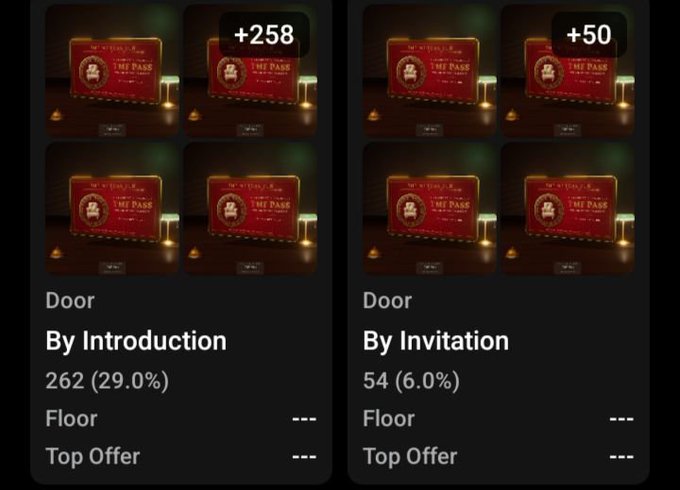 A screenshot showing NFT pass statistics: 'By Introduction' with 262 (29.0%) and 'By Invitation' with 54 (6.0%), with recent increases of +258 and +50.
