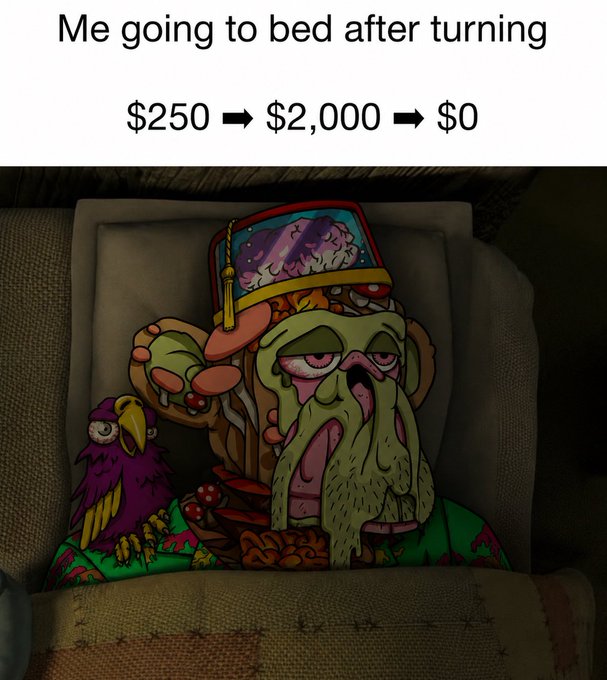 A meme featuring the character Zarg from 'Earthworm Jim' lying in bed with the caption 'Me going to bed after turning $250 ➡ $2,000 ➡ $0'.