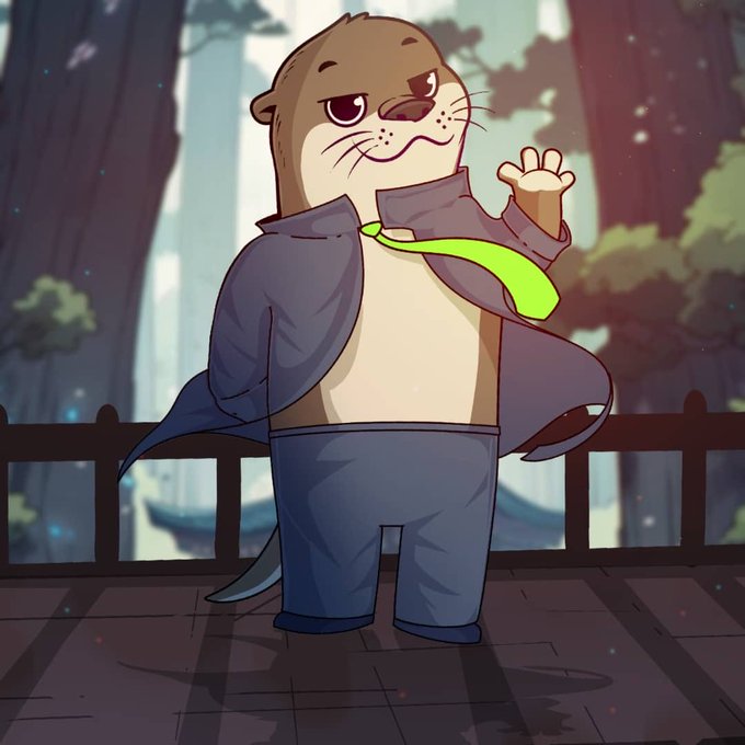 An anthropomorphic otter dressed in a dark jacket, green tie, and jeans stands confidently on a wooden platform, waving with a smirk. The post invites the first 300 members to claim an early OG role on their newly launched Discord server, with the otter likely serving as the project's mascot to add personality and build community excitement.