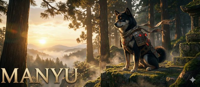 A black and tan Shiba Inu wearing samurai armor stands majestically on a mossy stone platform overlooking misty mountains at sunset, with the bold text "MANYU" displayed in the lower left. The image embodies the post's message by portraying the $Manyu token mascot as a warrior ready to conquer the market, reinforcing the "ManyuArmy" rallying call for gains.
