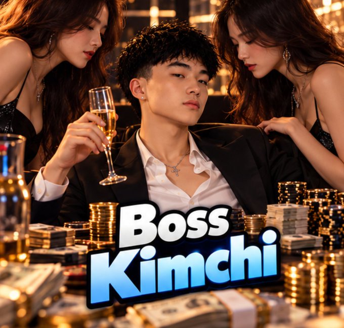 A stylized luxury-themed image shows a man holding a champagne glass between two women, surrounded by stacks of money and gold coins, with large text reading “Boss Kimchi.”