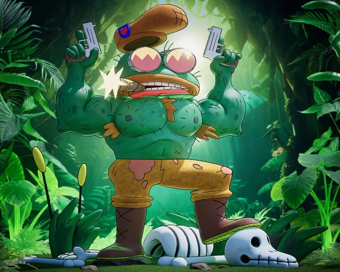 A muscular green frog-like character wearing a military beret and sunglasses triumphantly holds up two pistols while standing on a bone in a lush jungle setting, with the frog's confident, action-ready pose illustrating the "HUGE progress" and bold personality referenced in the TrustUsNFT mint announcement.