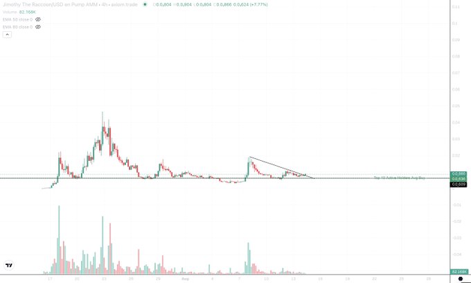 A TradingView chart for Jimothy The Raccoon (JIMOTH) on Pump AMM showing a descending triangle pattern near the $0.866 resistance level, with declining volume suggesting a potential breakout setup that aligns with the post's anticipation of bullish "god candles" loading.