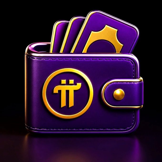 A 3D render of a purple leather wallet with gold trim, featuring a Pi cryptocurrency logo on the front and holding purple cards with gold Pi symbols.