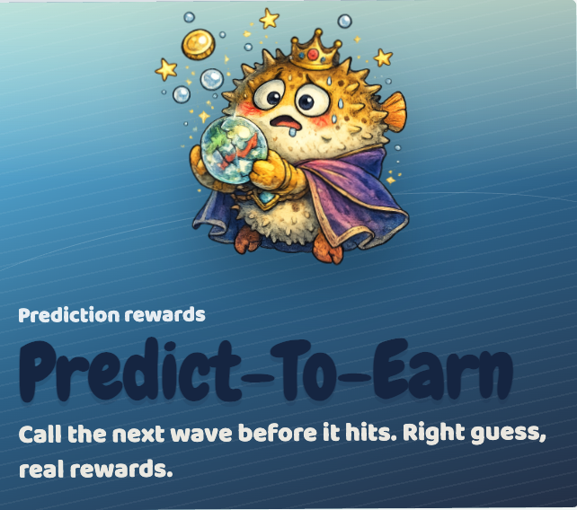 The image features a cartoon fish wearing a crown, holding a crystal ball with a message that reads "Prediction rewards are coming soon." The text suggests that there will be a wave of real rewards for those who predict the next wave correctly.