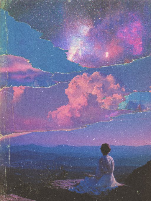 A digital illustration of a woman in a white dress sitting on a rocky outcrop, gazing up at a vibrant, starry night sky filled with pink and purple cosmic clouds.
