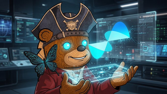 An illustration of a pirate-themed monkey character wearing a tricorn hat, with glowing blue eyes, a butterfly, and a digital holographic display showing a blue logo.