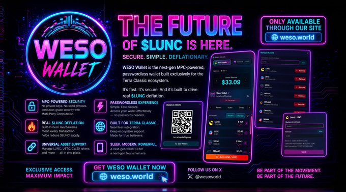 The image features a poster for a new wallet called WESO Wallet, which is designed specifically for the Terra Classic ecosystem. The poster highlights that this wallet is built for real $LUNC deflation and offers fast security with no private keys or seed phrases. It also emphasizes its MPC-powered nature, making it an ideal choice for users who want a secure and efficient way to manage their finances.