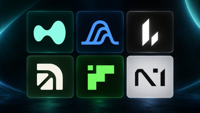 Six glowing tech/crypto-style icons arranged in two rows on a dark blue cosmic background.