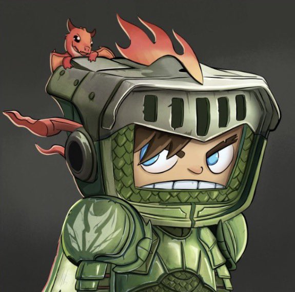 A chibi-style cartoon illustration of a knight wearing a green dragon-themed helmet with flames on top, accompanied by a small red dragon resting on the helmet.
