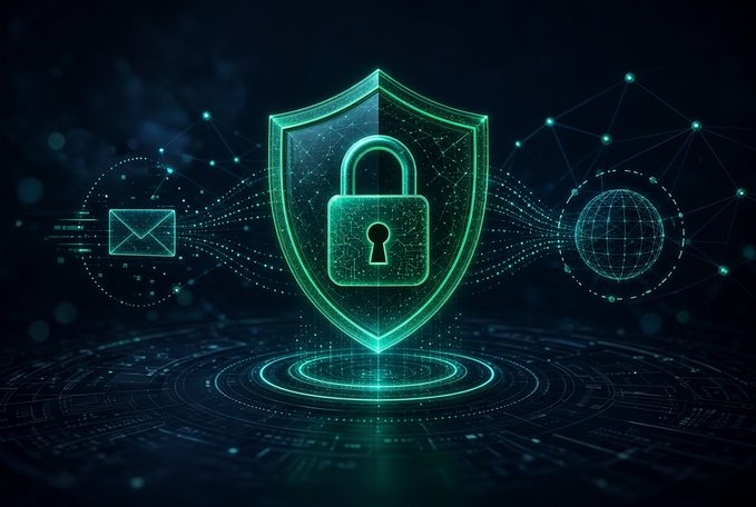 A digital graphic displays a glowing teal shield and padlock icon surrounded by network connection lines and an email symbol on a dark background.