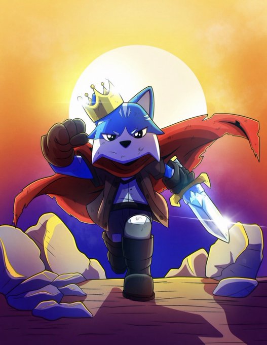 An anthropomorphic blue dog-like character wearing a golden crown, red cape, and wielding a glowing blue sword charges forward against a sunset backdrop. The regal warrior imagery embodies the $TOSHI quote's heroic theme of leading by example in battle, presenting the meme coin mascot as a noble leader ready for combat.