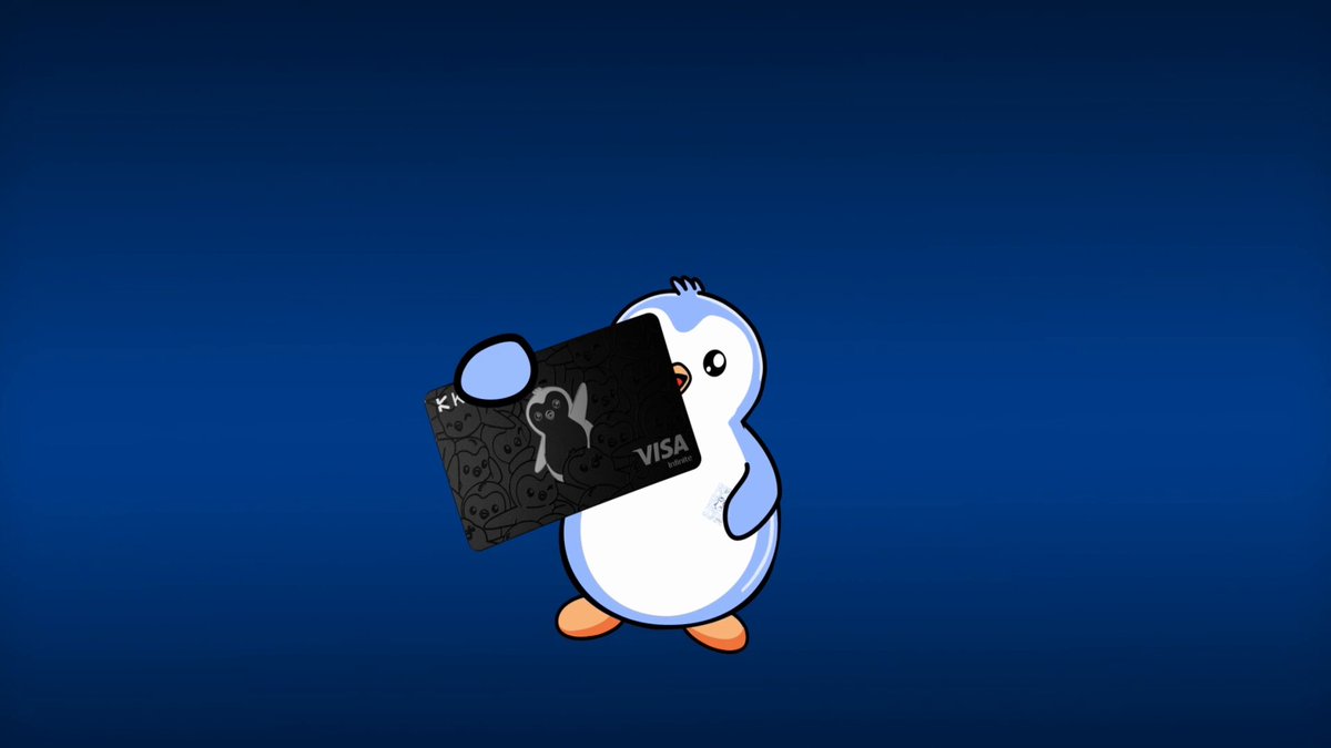 The image features a cartoon penguin holding a black credit card, presumably a Visa or Mastercard, against a blue background with white text that reads "Kast users will get a airdrop from PENGU team Easy." The penguin is standing upright and facing towards the right side of the image.