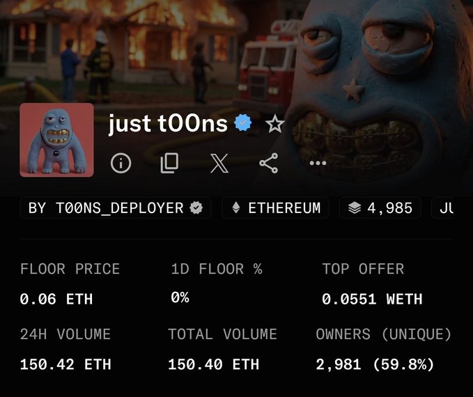 An OpenSea NFT listing page for the collection 'just t00Ns' on Ethereum, showing a floor price of 0.06 ETH and a blue monster character.