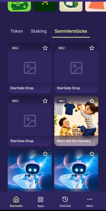 A mobile app interface in German showing a 'Sammlerstücke' (collectibles) tab with several 'StarGate Drop' NFT items and a 'Mom did the laundry' card.