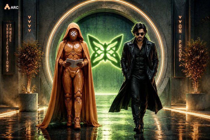 A hooded armored figure holding a tablet stands beside a man in a long black leather coat, both positioned in front of a glowing green butterfly emblem within a circular doorway marked with "VERIFICATIONS" and "PROOF" signage. The scene visually reinforces the post's theme of cryptographic verification, with the armored figure representing the secure, verifiable proof layer that "TheARCTERMINAL" is building—turning blind trust into auditable certainty.