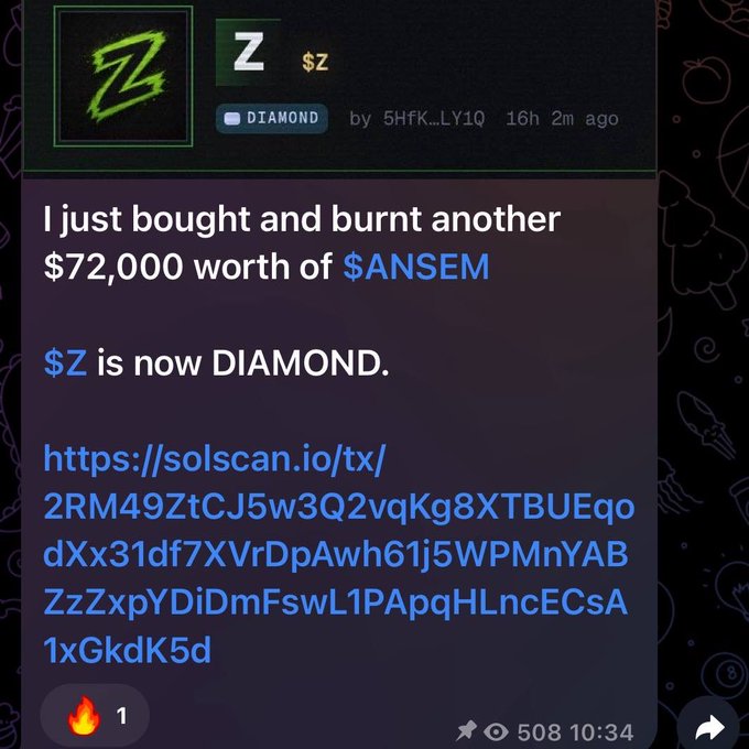 A Discord post by user "5HfK...LY1Q" from 16h ago announces buying and burning $72,000 worth of $ANSEM tokens, with $Z now achieving DIAMOND rank, accompanied by a Solscan transaction link.