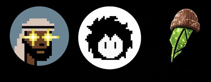 Three crypto profile icons on a black background: a pixelated character with sunglasses, a black-and-white pixelated face, and a green leaf with an acorn-like cap.