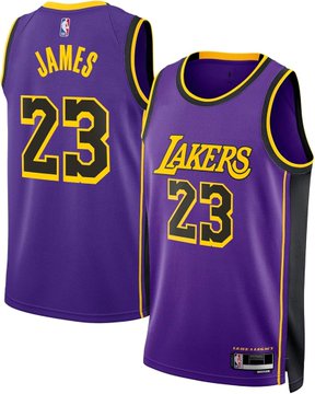 A purple Los Angeles Lakers jersey with 'JAMES' and the number '23' displayed on both the front and back.