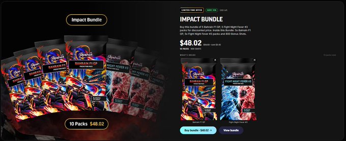 A website advertisement for the 'IMPACT Bundle' by Yuhshot displays 10 packs for $48.02, including 'Yoohshot F1', 'Night Fever F1', and 'Fight Night Fever F2' products.
