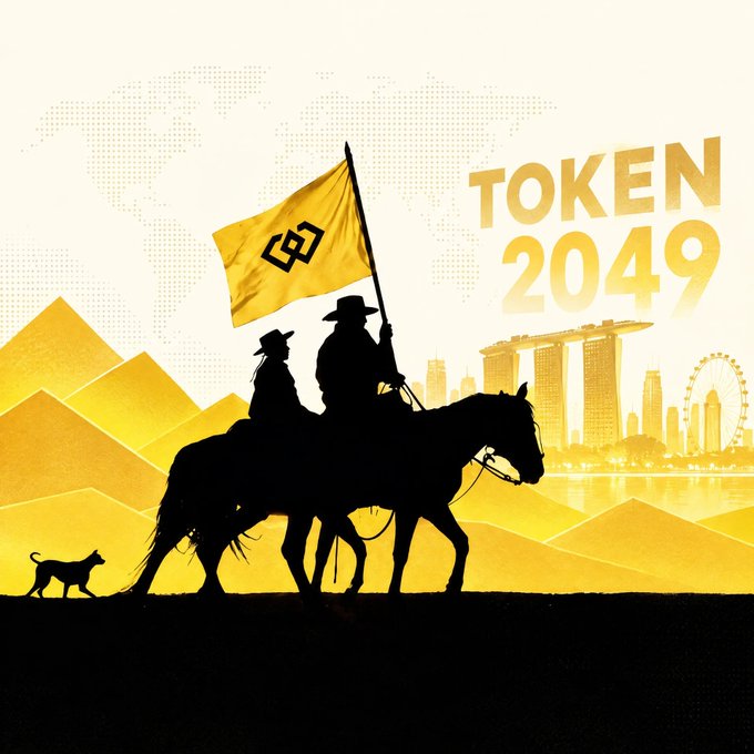 A promotional graphic titled 'TOKEN 2049' featuring silhouettes of cowboys on horseback holding a Binance flag, set against a yellow background with pyramids and the Singapore skyline including the Marina Bay Sands.