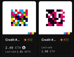 Two individual NFT listings from the Credits collection: Credit #22 at 2.49 ETH and Credit #33 with a last sale of 1.50 ETH.