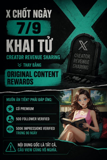 A promotional poster in Vietnamese featuring text "X CHỐT NGÀY 7/9 KHAI TỬ CREATOR REVENUE SHARING" and "ORIGINAL CONTENT REWARDS," with requirements including premium account, 500 followers, and 500K impressions in 90 days, alongside an anime-style character.