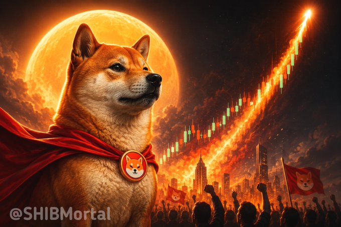 A dramatic crypto meme illustration of a Shiba Inu dog in a red cape with a Shiba token medallion, set against a fiery moon and a rising green/blue candlestick chart, branded @SHIBMortal.