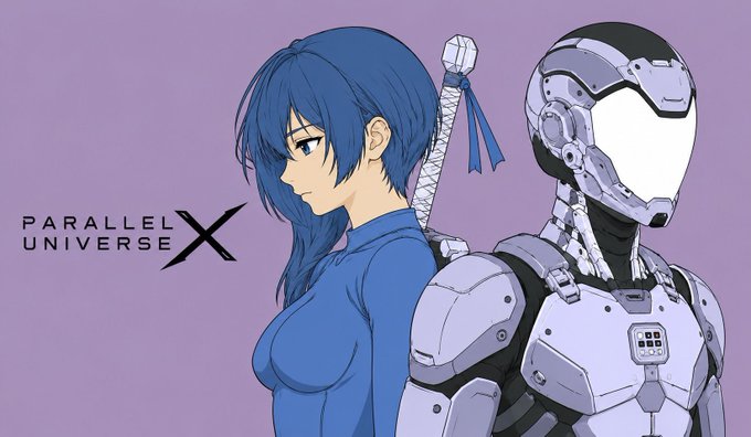 An anime-style illustration titled 'PARALLEL UNIVERSE X' featuring a blue-haired female character standing back-to-back with a white robotic figure.