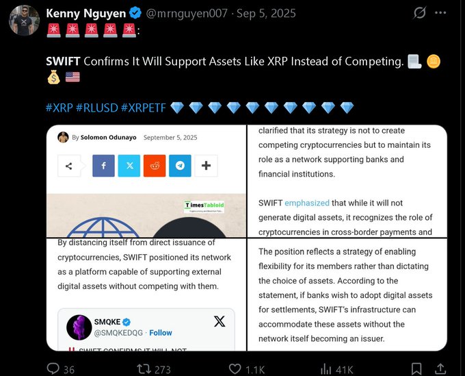 A tweet from Kenny Nguyen (@mrnguyen007) dated September 5, 2025, claiming 'SWIFT Confirms It Will Support Assets Like XRP Instead of Competing,' with hashtags #XRP #RLUSD #XRPETF and engagement of 36 replies, 273 reposts, 1.1K likes, and 41K views.