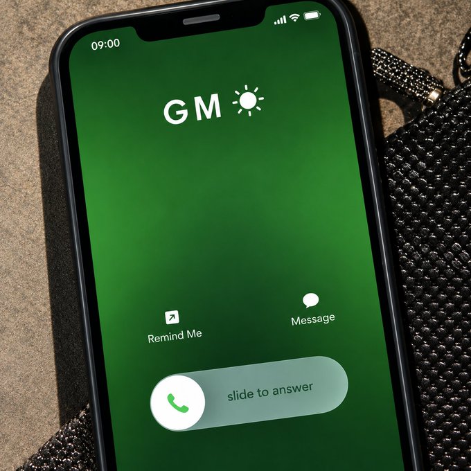 An iPhone receives an incoming call displayed as "GM" with a sun icon on a green background, with "slide to answer," "Remind Me," and "Message" options visible, plus the time "09:00"—cleverly illustrating the "GM" (good morning) call greeting.