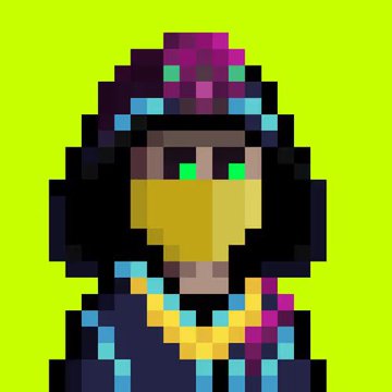 A pixel art character portrait featuring a figure with dark purple hair, glowing green eyes, and yellow/gold face details set against a bright lime green background.